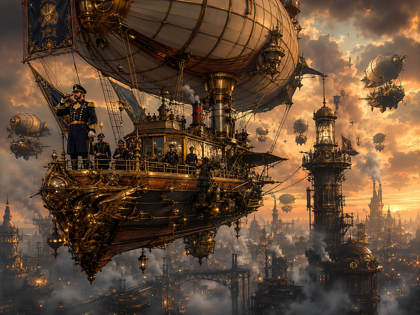A brass airship of the Royal Aerostatical Navy over a steam-wreathed Victorian city