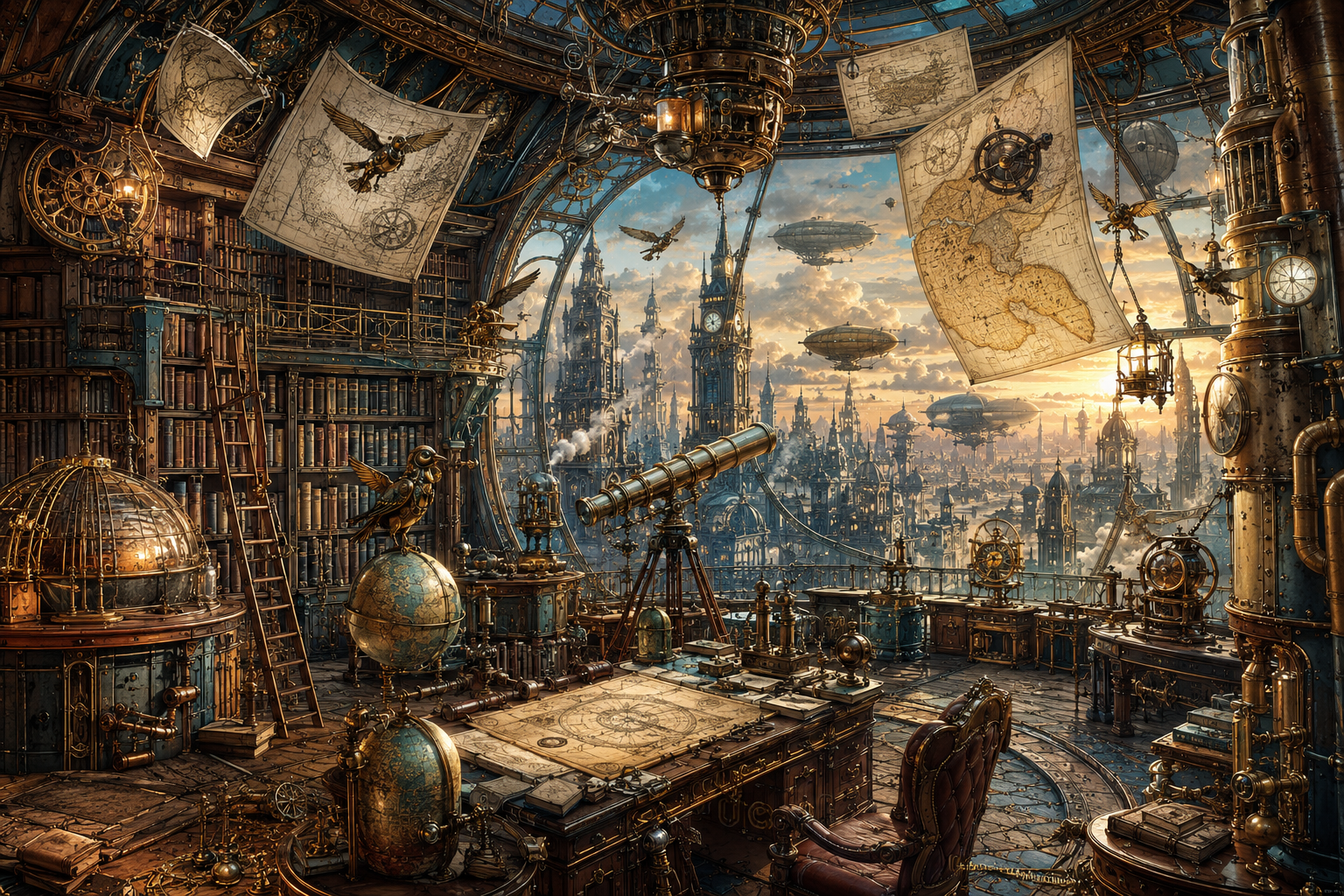 A brass observatory and library overlooking a city of airships and clockwork spires