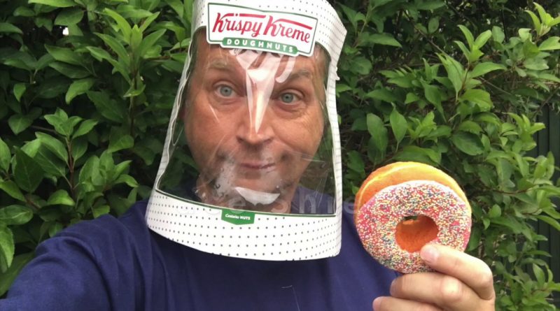 Repurpose a Krispy Kreme Doughnuts Box into a COVID face shield (MODS of delight).